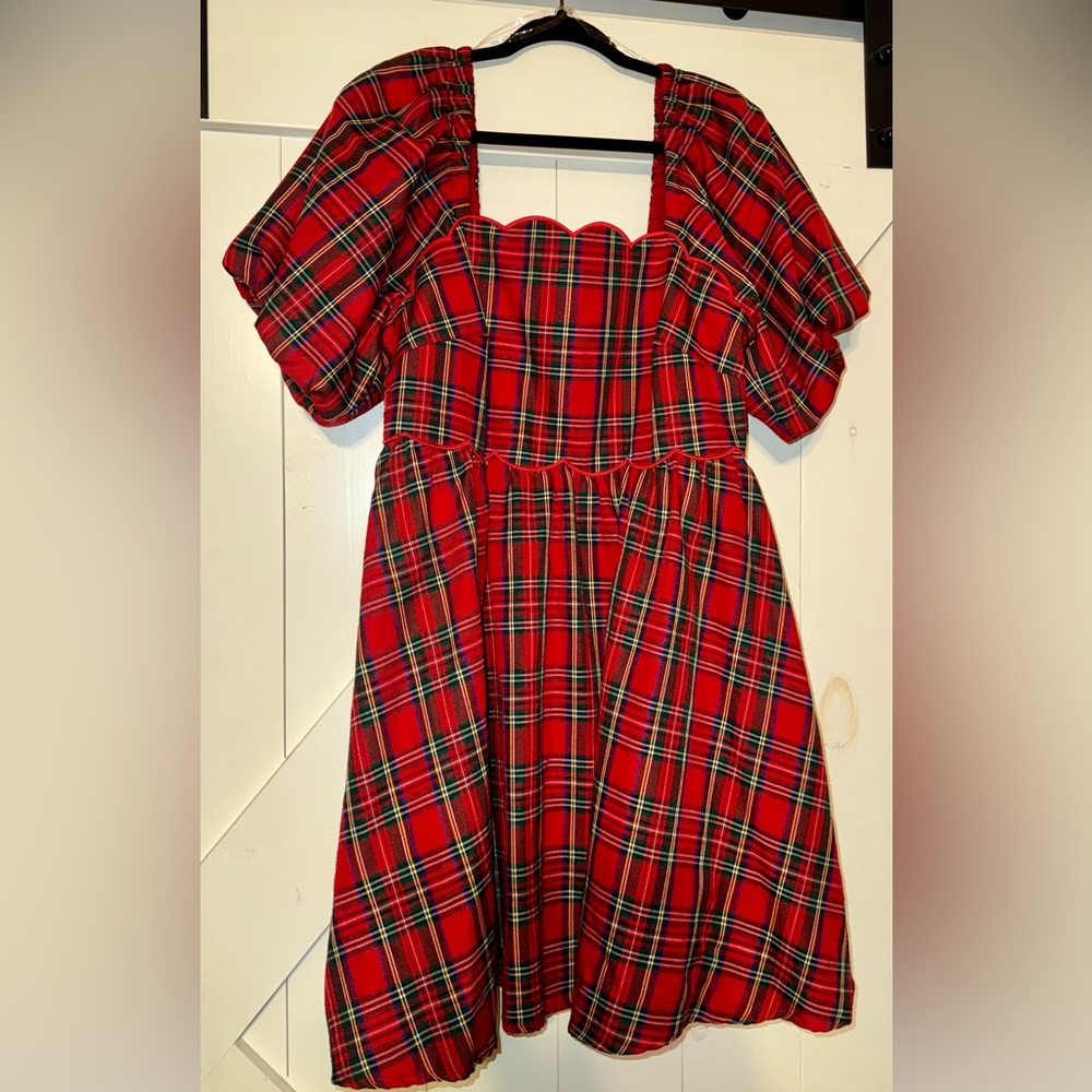 Entro Tartan Red Plaid scallop square neck dress